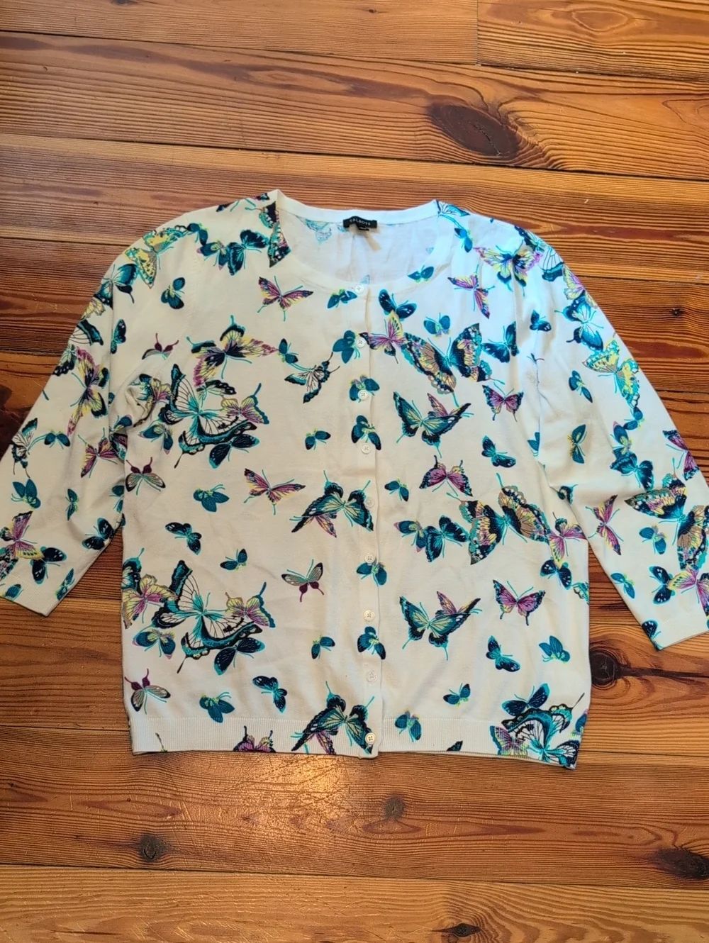 Talbots Butterfly Print Classic Charming Cardigan in White & Teal Size L